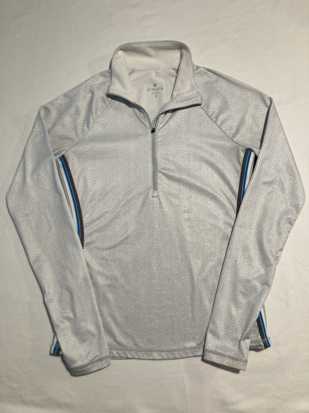 Athleta White Chevron Quarter-Zip Pullover with Blue Trim Accents